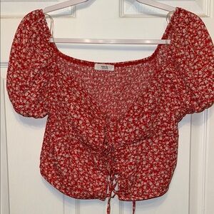 Urban Outfitters Red and White Puff Sleeve Crop Top